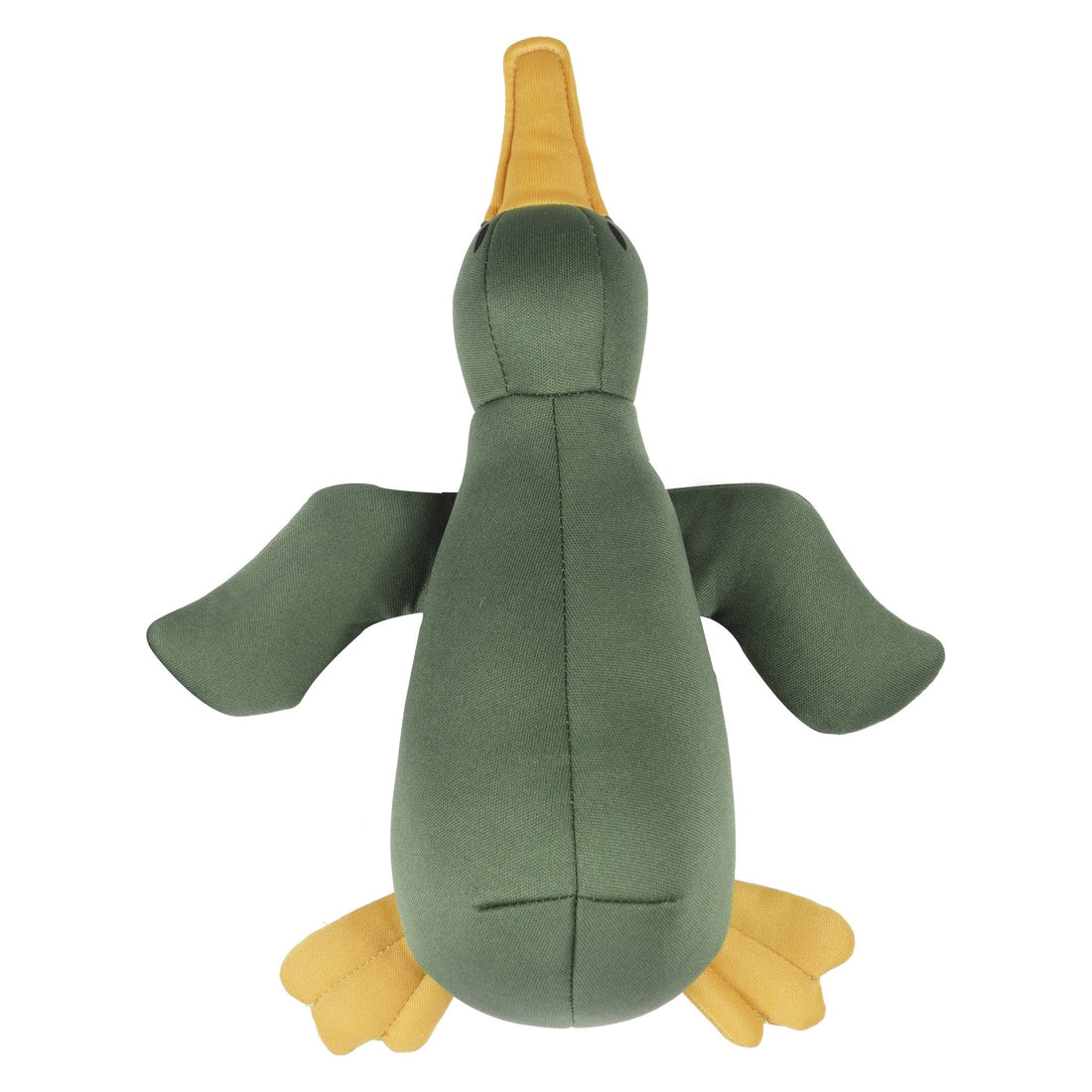 Green duck-shaped floating dog toy with yellow feet and beak