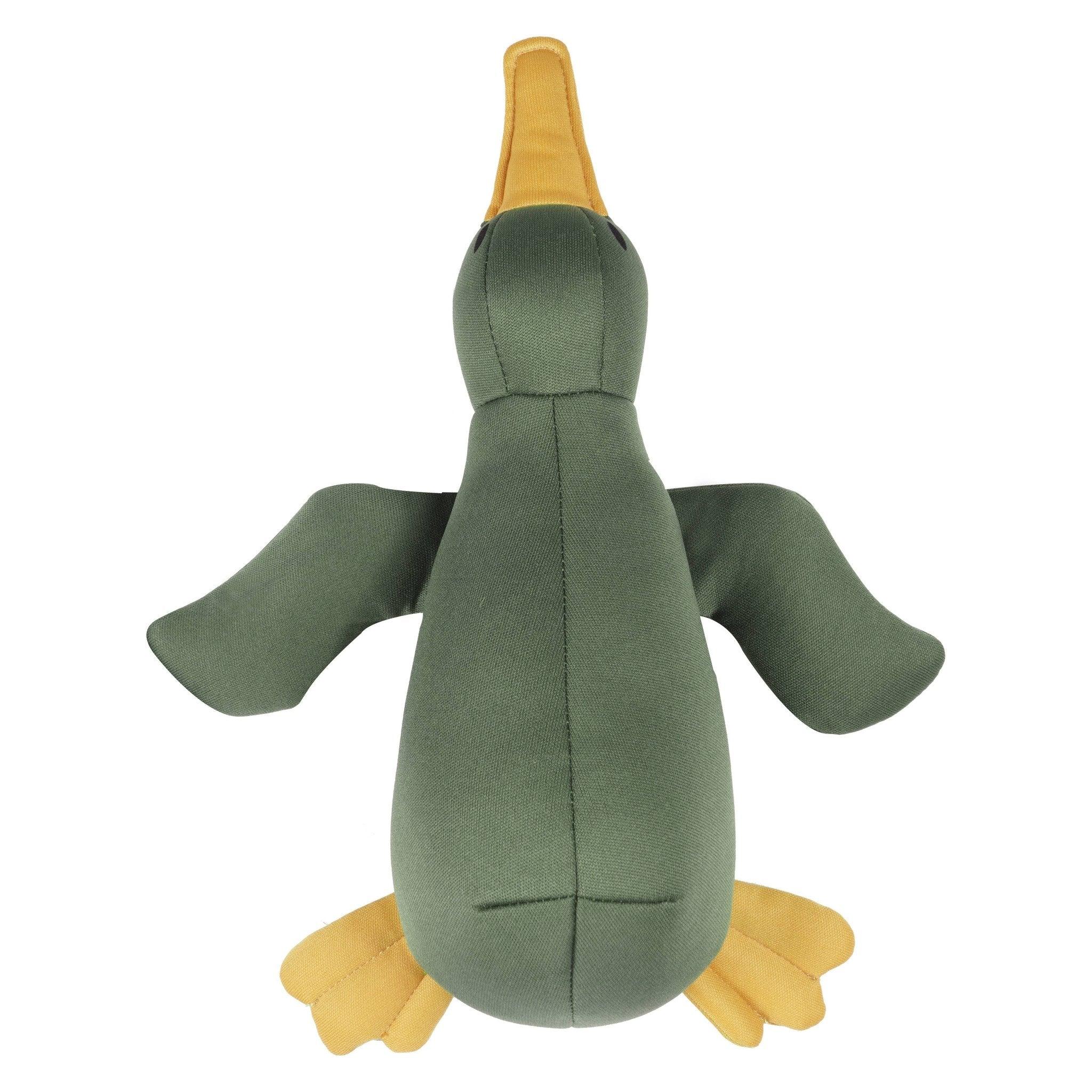 Green duck-shaped floating dog toy with yellow feet and beak