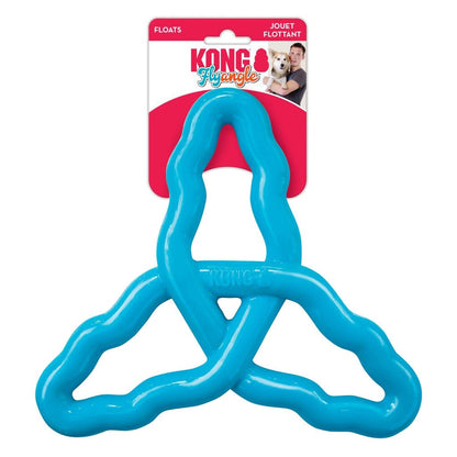 Blue KONG Triangle dog toy on a white background with packaging above it.