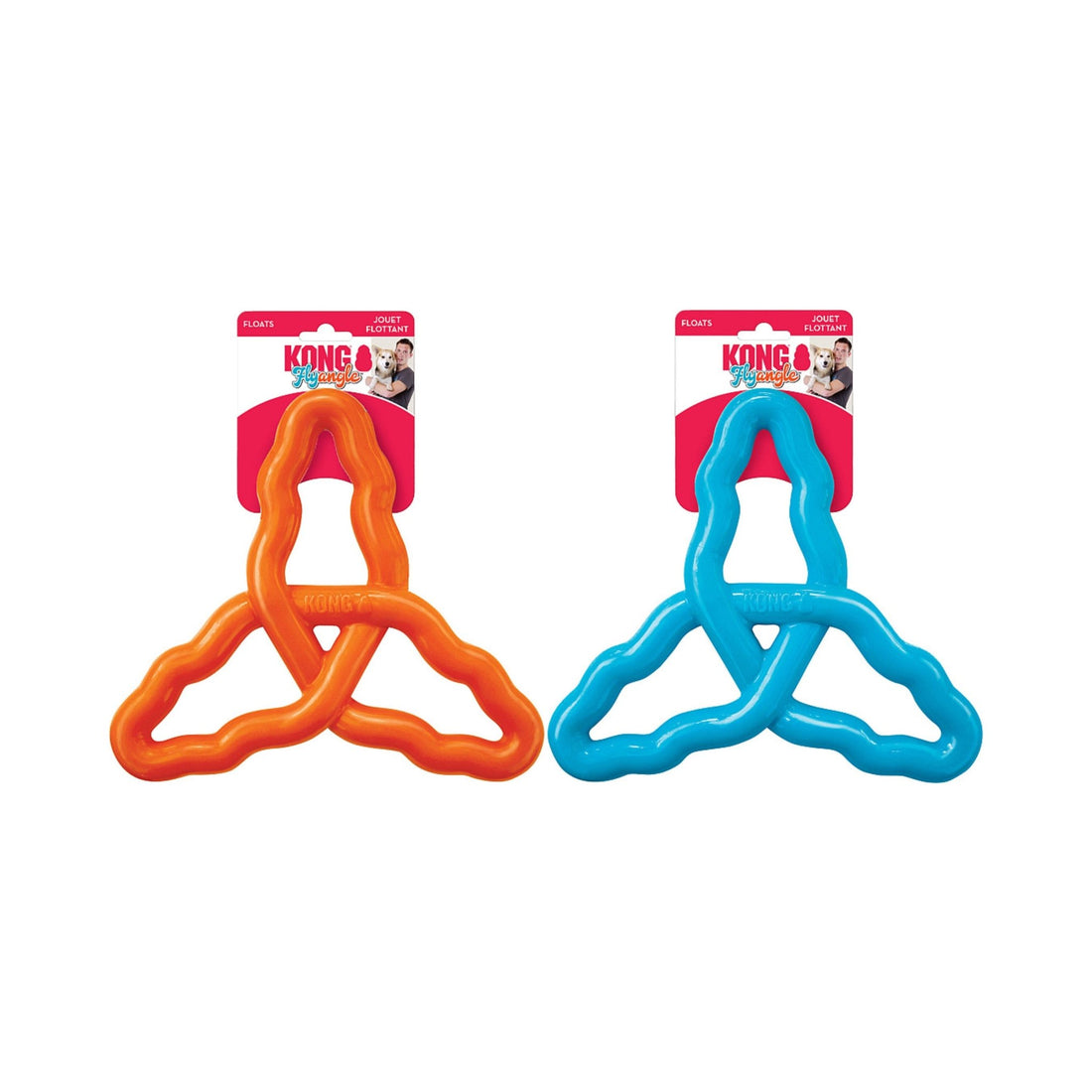 Two dog toys, one orange and one blue, on white background with KONG branding.