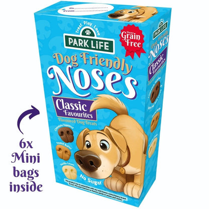 Box of grain-free dog treats with assorted flavors, 6 mini bags inside