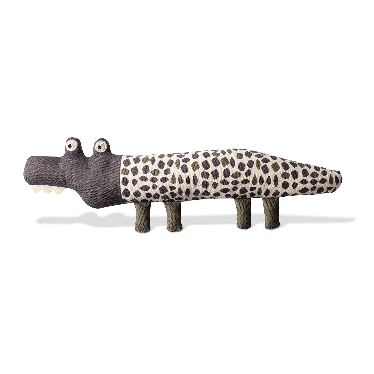 Plush toy alligator with brown body and spotted pattern on a white background