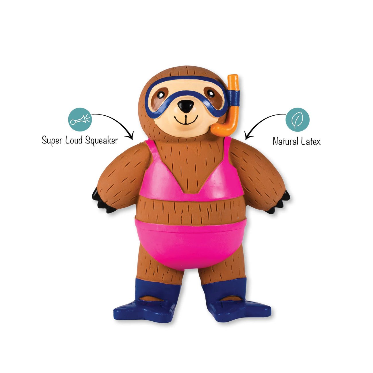 Toy sloth in swim gear with features highlighted on a white background