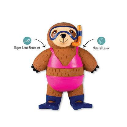 Toy sloth in swim gear with features highlighted on a white background