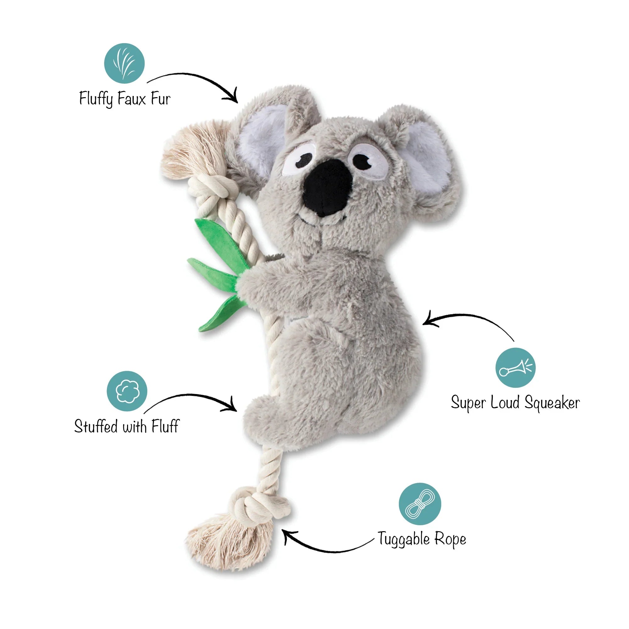 Plush koala toy with features highlighted on a white background