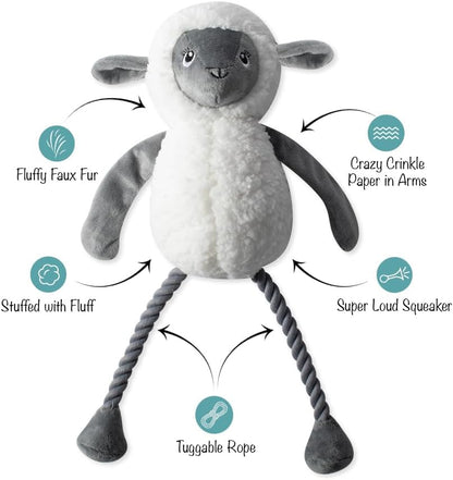 Plush toy sheep with features highlighted on a white background
