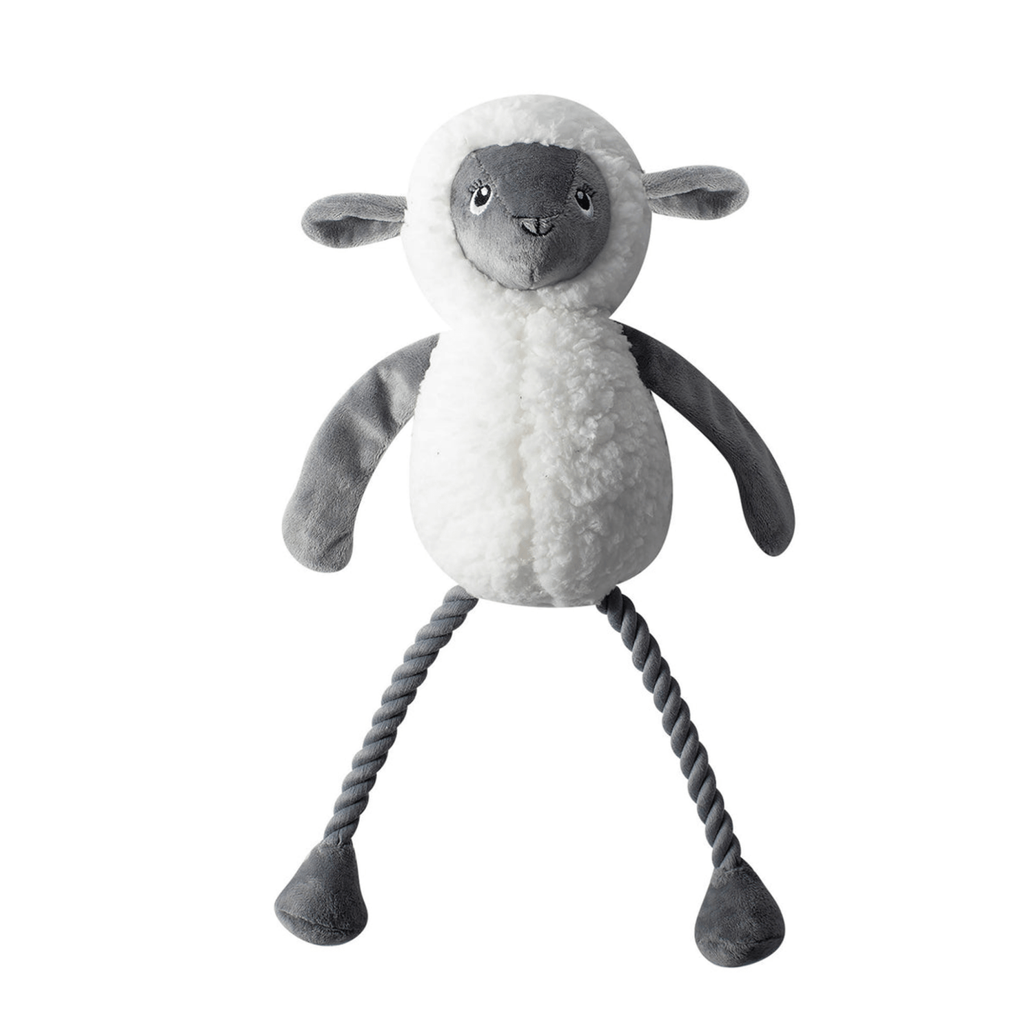 Plush toy sheep with rope legs on a white background
