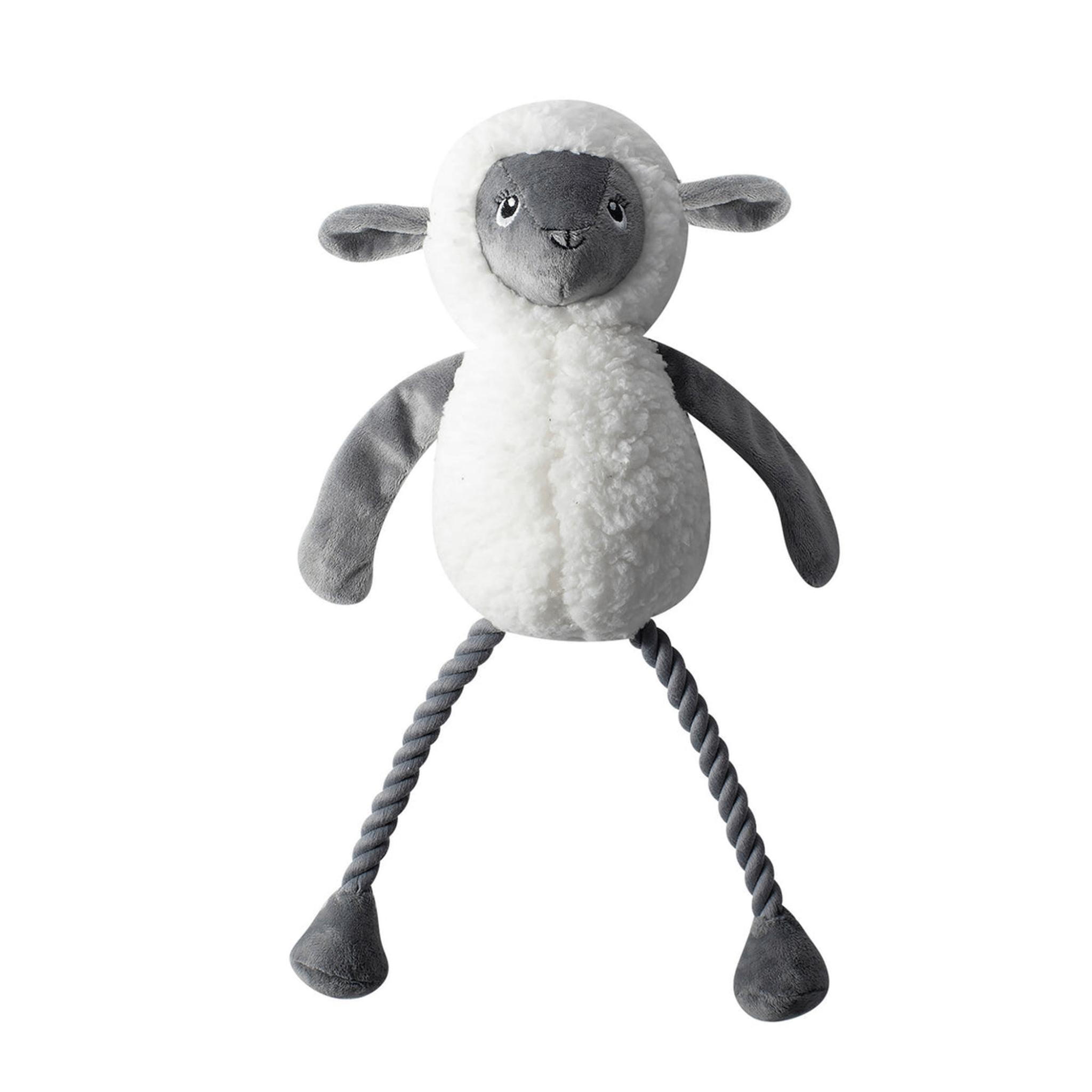Plush toy sheep with rope legs on a white background