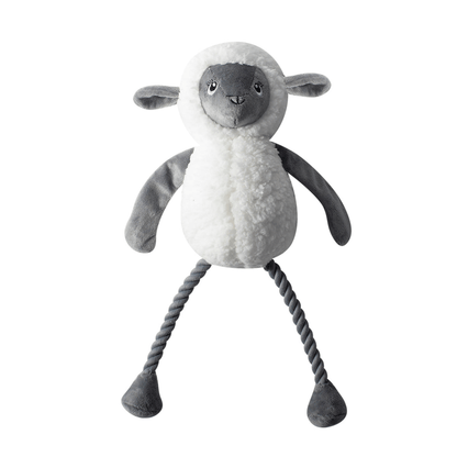 Plush toy sheep with rope legs on a white background