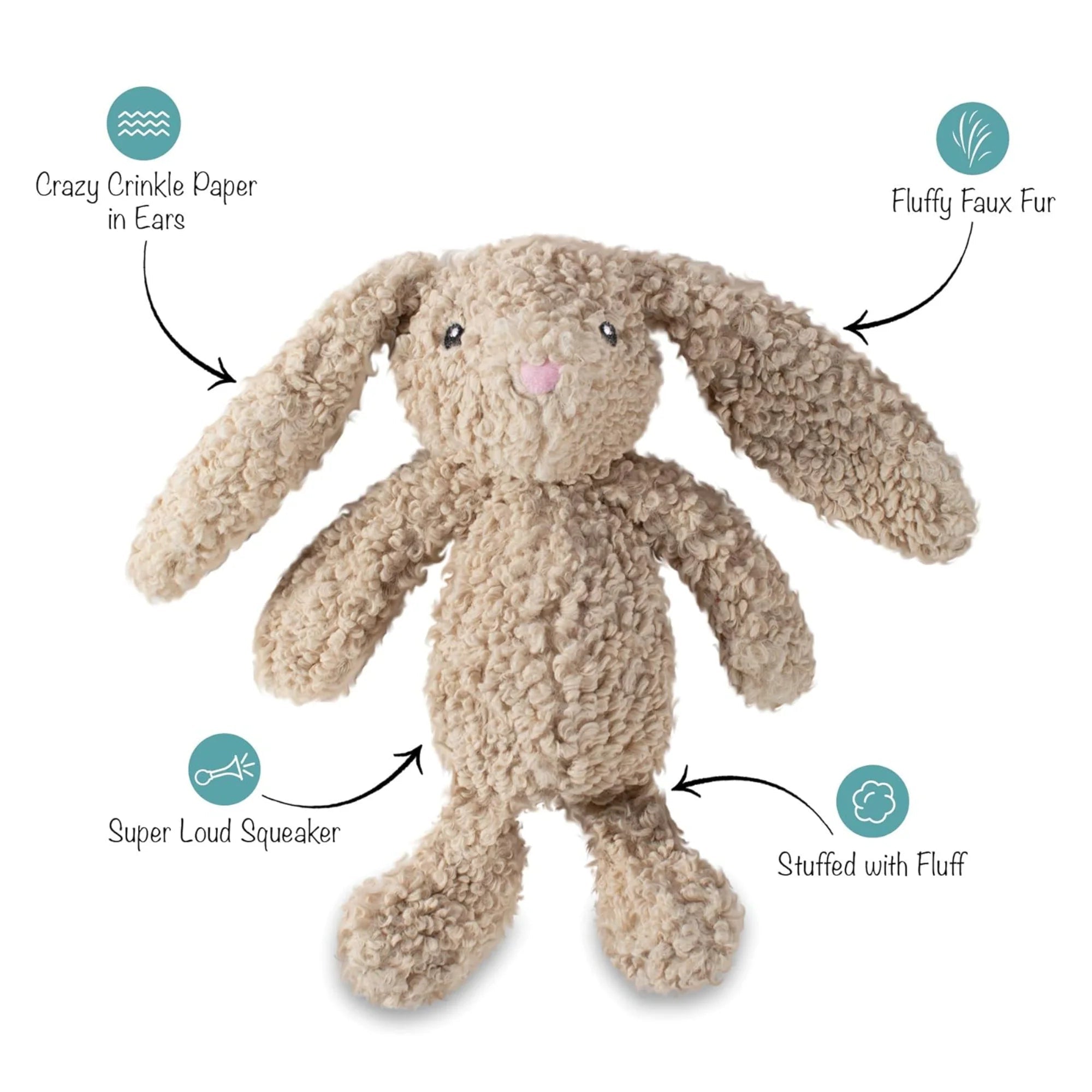 Stuffed bunny toy with features highlighted on a white background