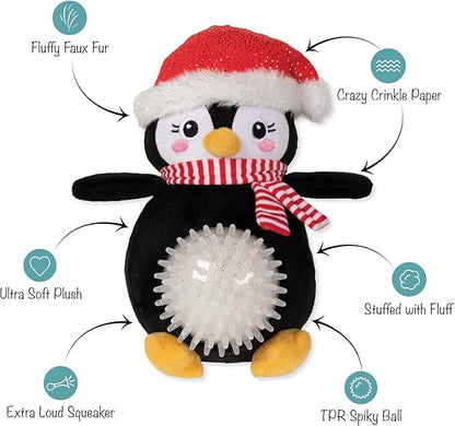 Penguin plush toy with features highlighted on a white background