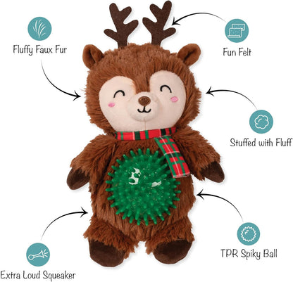 Plush toy reindeer with features highlighted on a white background