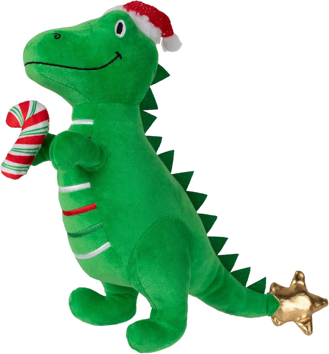 Green dinosaur plush toy with a Santa hat, candy cane, and gold star on a white background