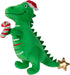 Green dinosaur plush toy with a Santa hat, candy cane, and gold star on a white background