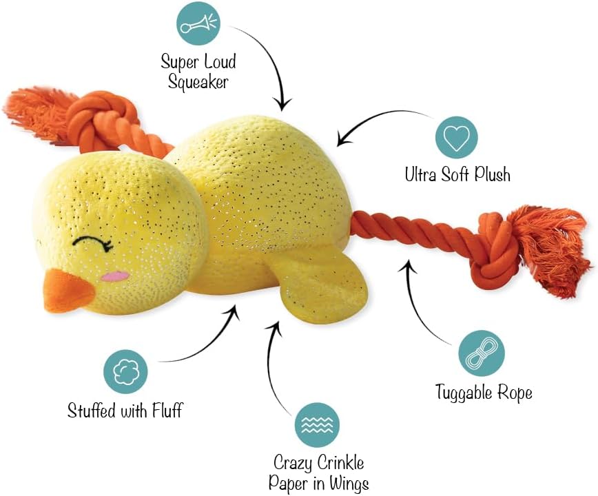 Yellow plush toy with orange accents, featuring text labels on its features.