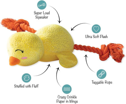 Yellow plush toy with orange accents, featuring text labels on its features.