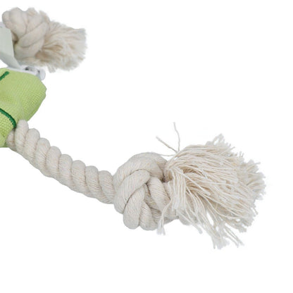 Dog toy with rope and green chew stick on a white background