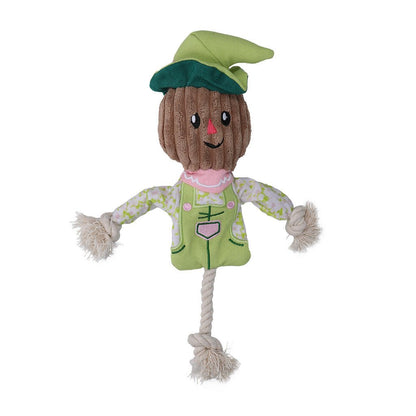 Scarecrow-shaped toy with a green hat and outfit on a white background