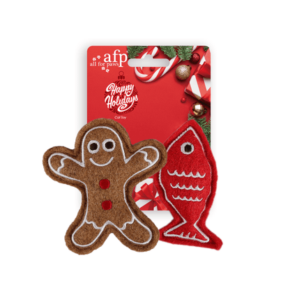 Happy Holiday Gingerbread Man &amp; Fish - 2-Piece Christmas Catnip Toy Set - Share Happy Outfits