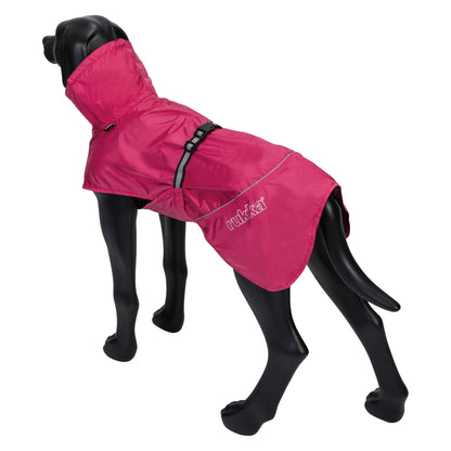 Pink dog coat on a black mannequin with &