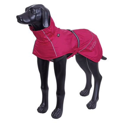 Black dog mannequin wearing a pink dog coat on a white background
