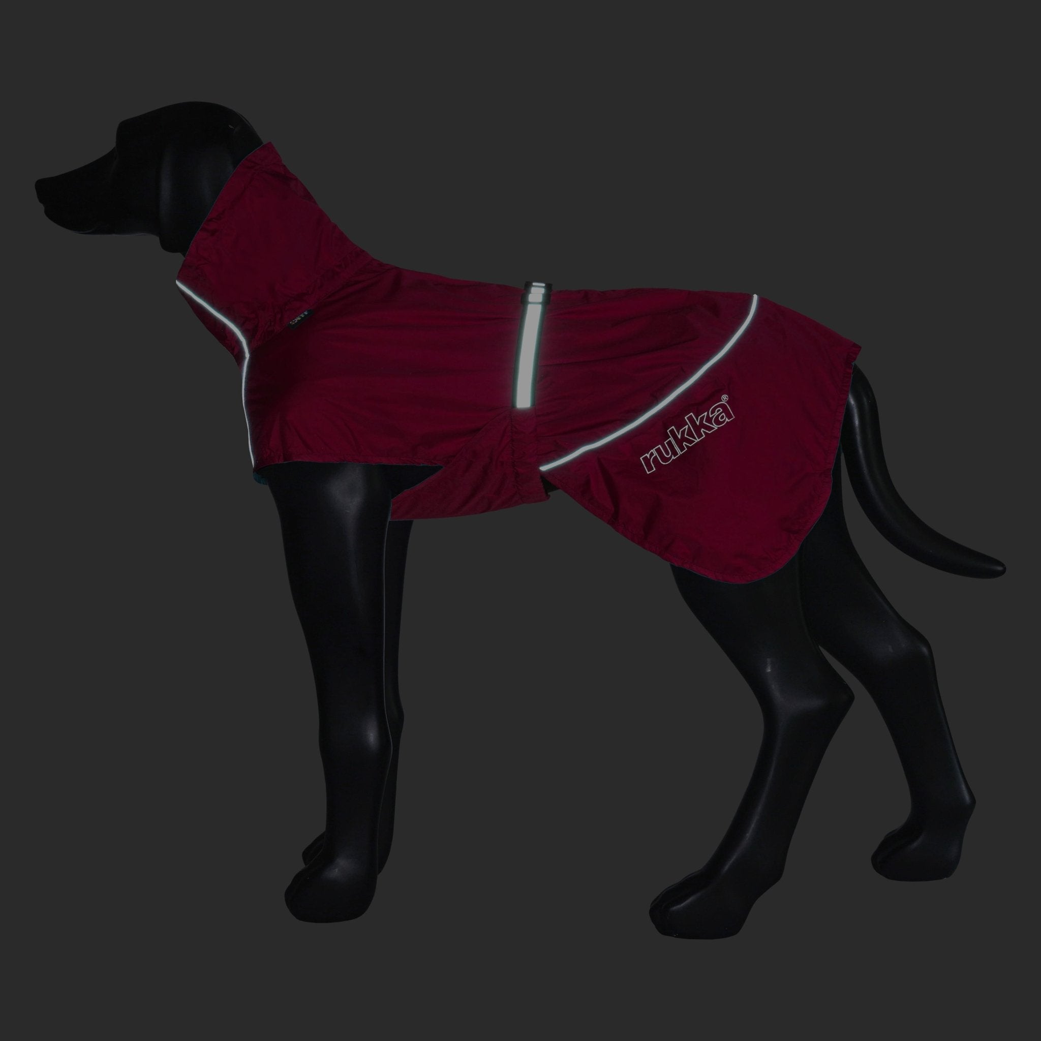 Dog wearing a red raincoat with a brand logo on a black background