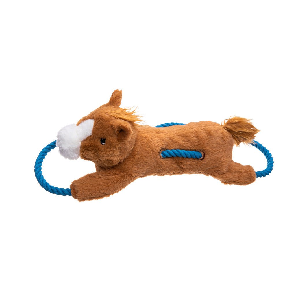 Plush lion toy with blue rope on a white background