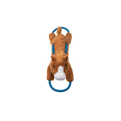Plush horse toy with a blue rope on a white background