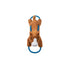 Plush horse toy with a blue rope on a white background