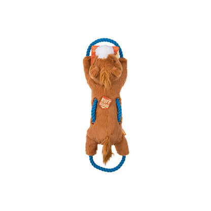 Dog toy resembling a bear with a blue rope handle on a white background