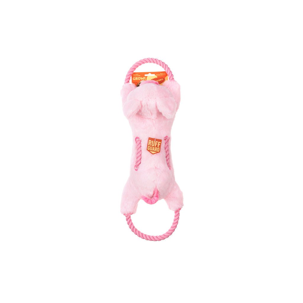 Pink dog toy with a rope on a white background