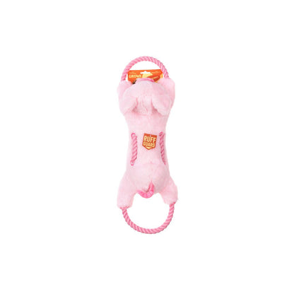 Pink dog toy with a rope on a white background