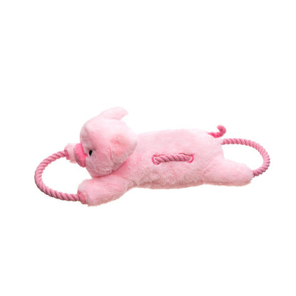 Pink plush toy with a rope on a white background