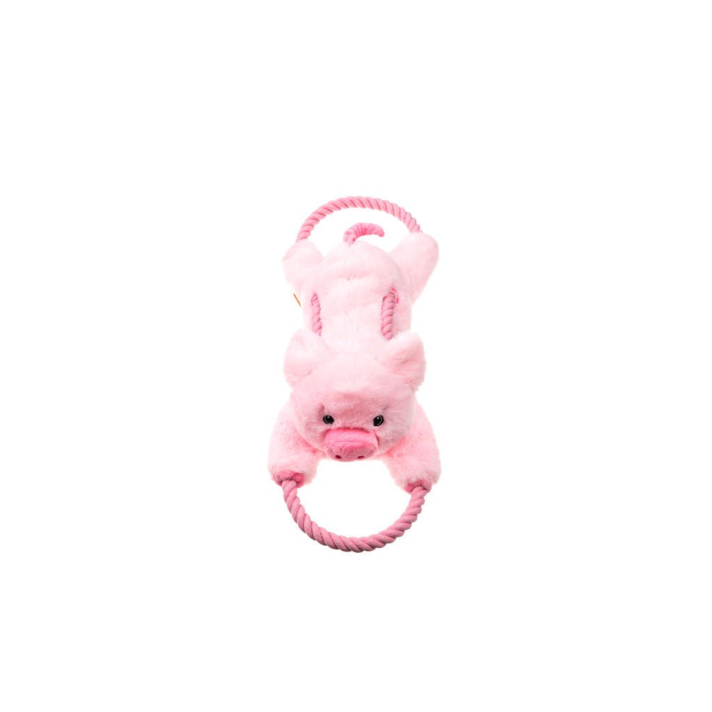 Pink plush toy with a rope on a white background