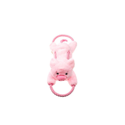 Pink plush toy with a rope on a white background