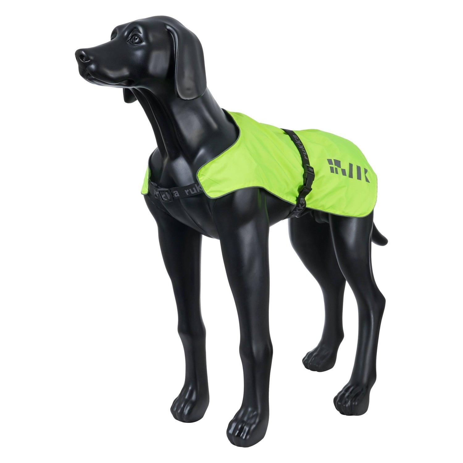 Side view of Rukka Flap Visible Vest on black dog mannequin against white background