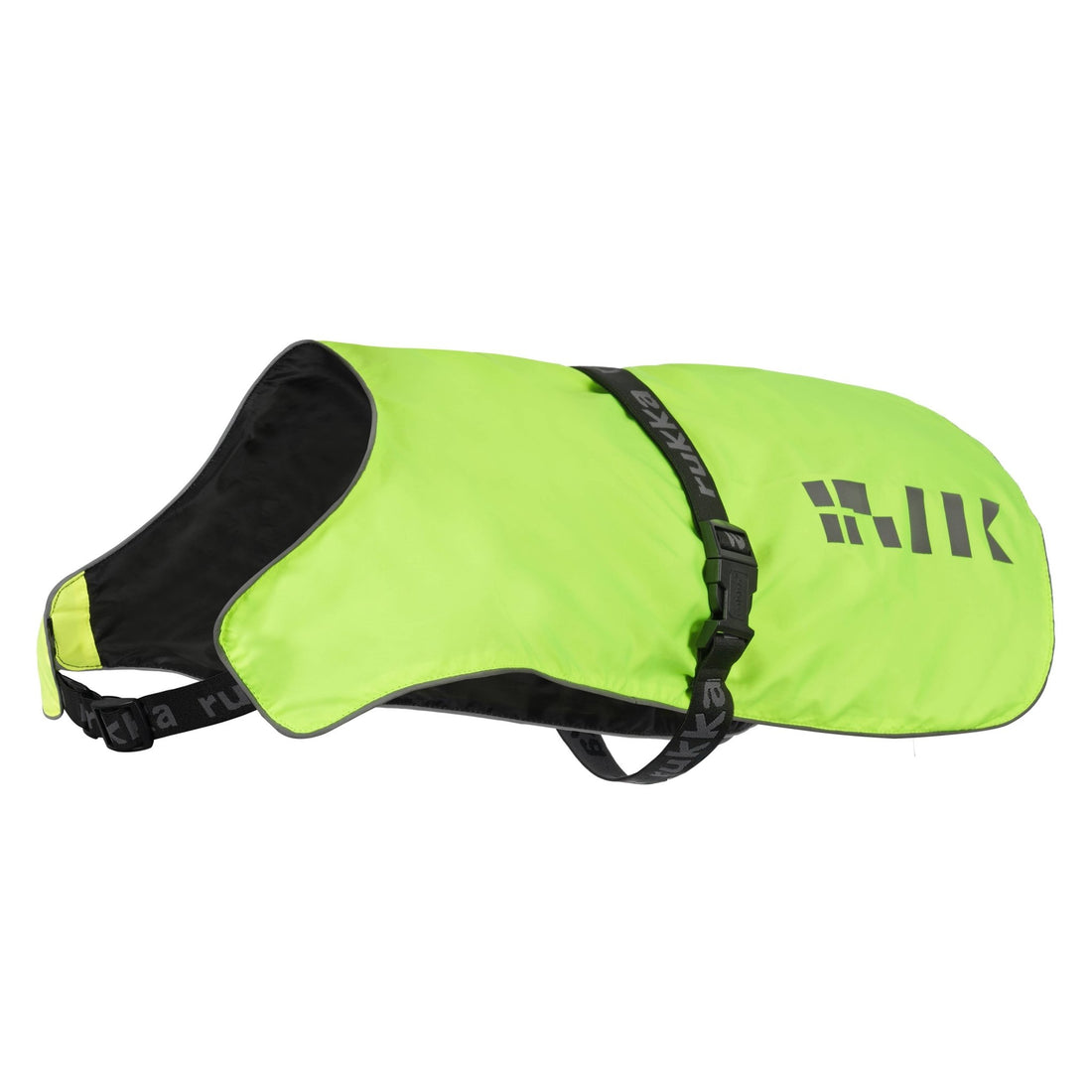 Product-only view of the neon yellow Rukka Flap Visible Vest laid flat on a white background