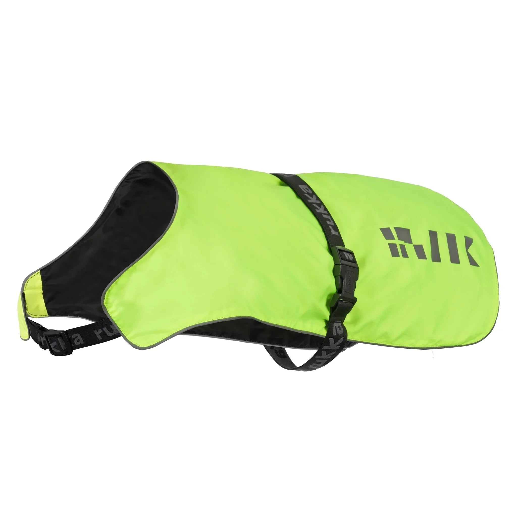 Product-only view of the neon yellow Rukka Flap Visible Vest laid flat on a white background