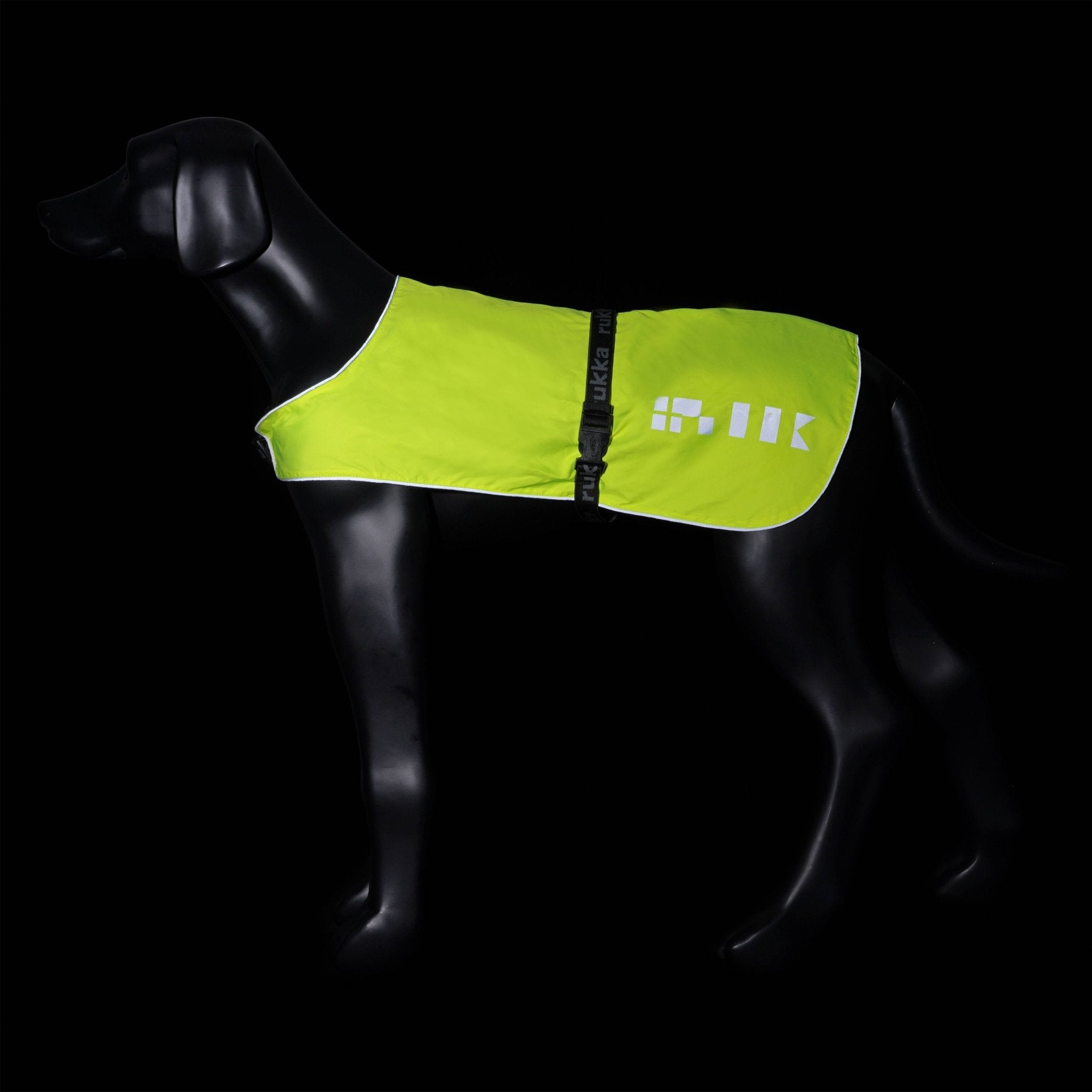 Rukka dog safety vest glowing under low-light conditions, displayed on a mannequin