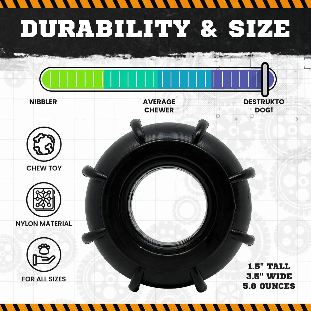 Dog chew toy with durability and size information on a graphic background
