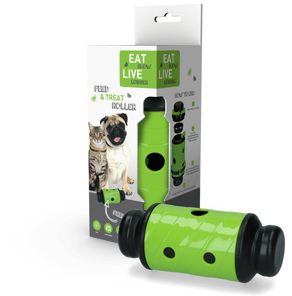 Green and black roller with packaging featuring a dog and cat on a white background