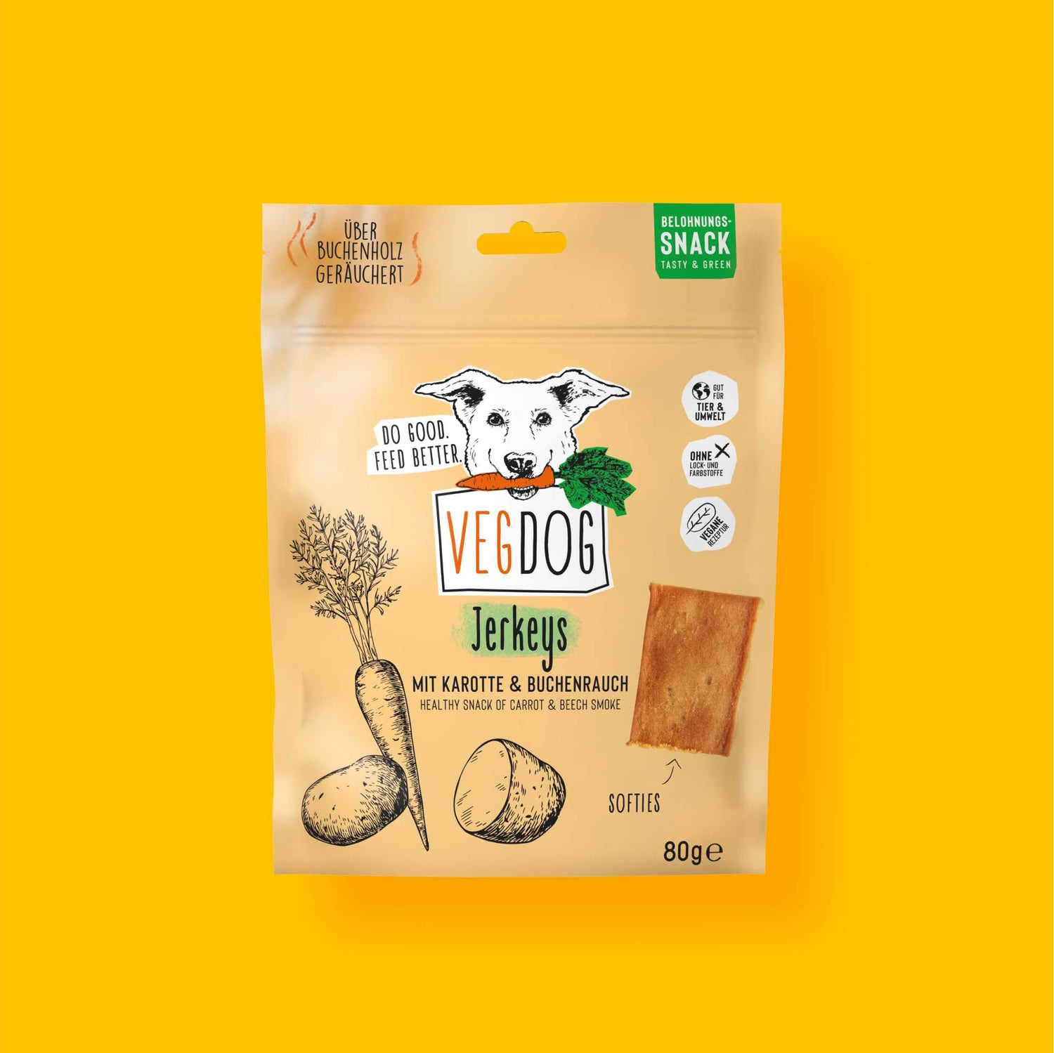 VegDog jerkeys packaging on a yellow background