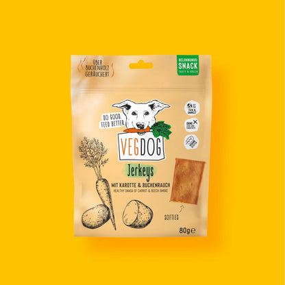 VegDog jerkeys packaging on a yellow background