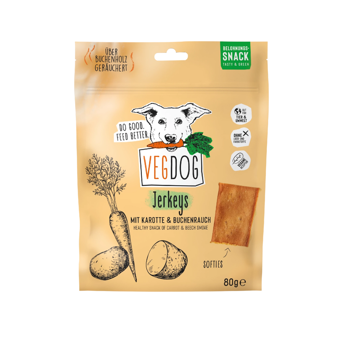 VegDog jerkeys packaging with a dog illustration and carrot on a beige background