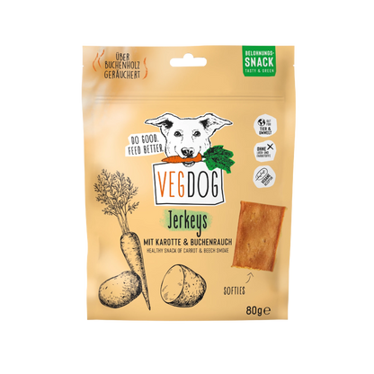 VegDog jerkeys packaging with a dog illustration and carrot on a beige background