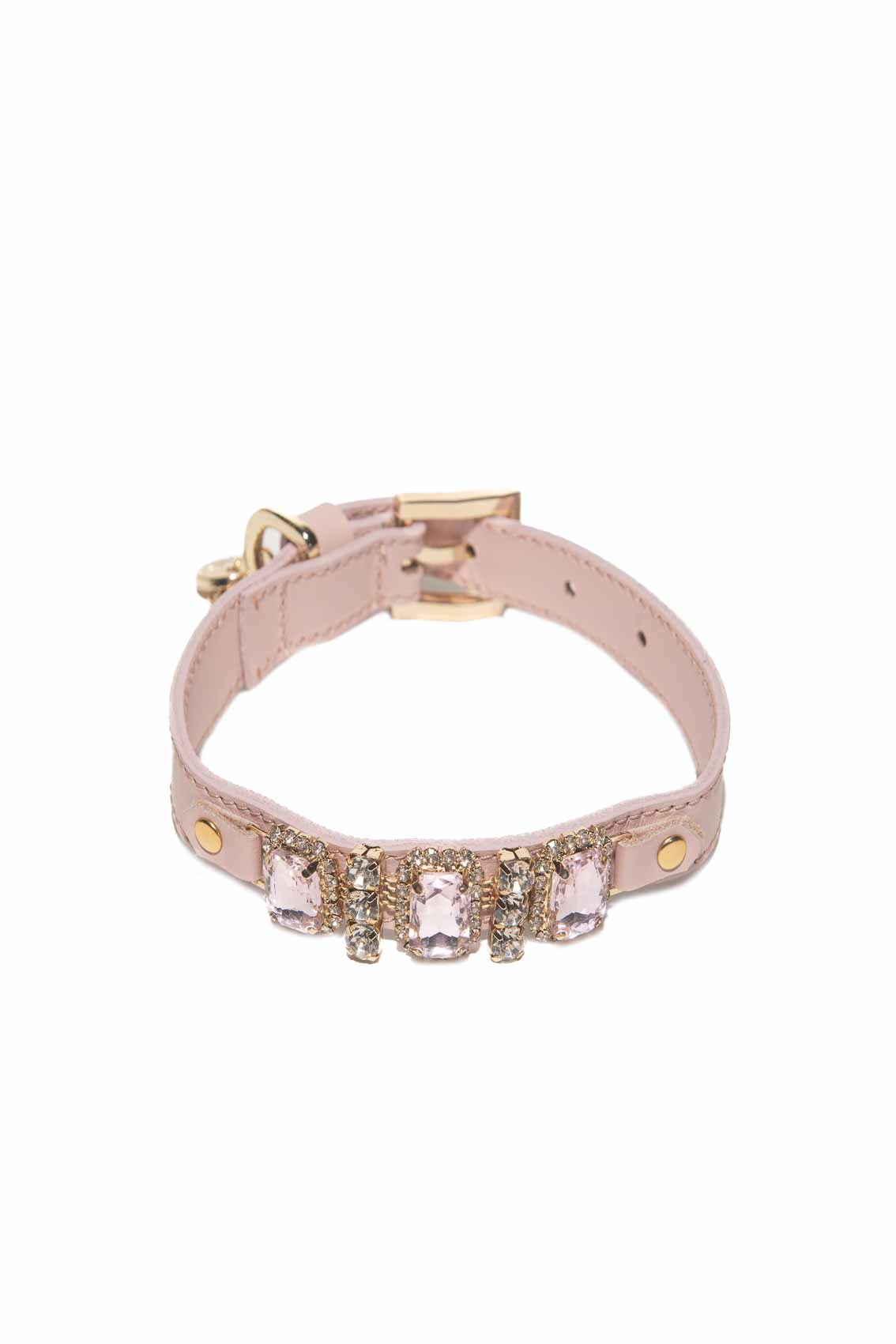 Pink dog collar with gold accents and crystals on a white background