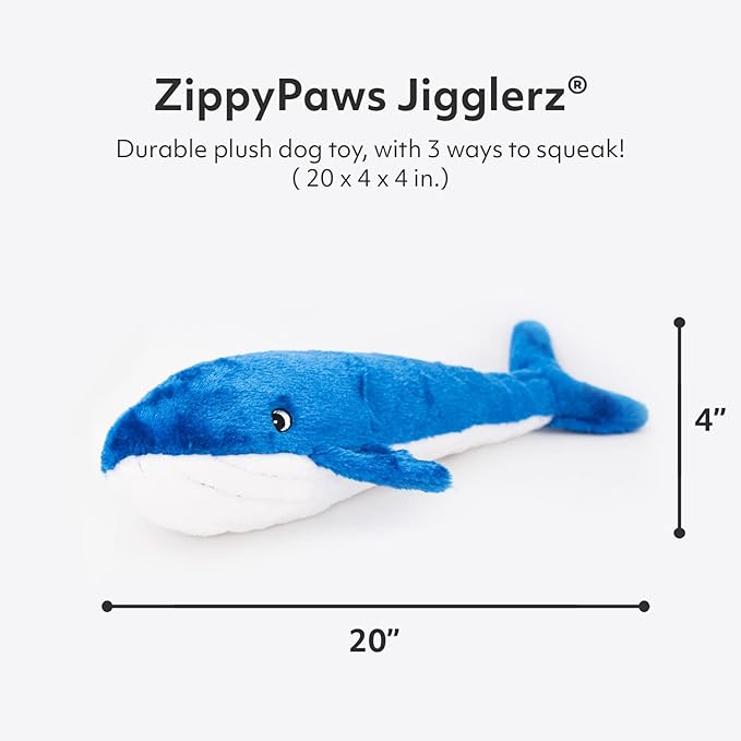 Blue whale-shaped ZippyPaws Jigglerz dog toy with dimensions on a white background