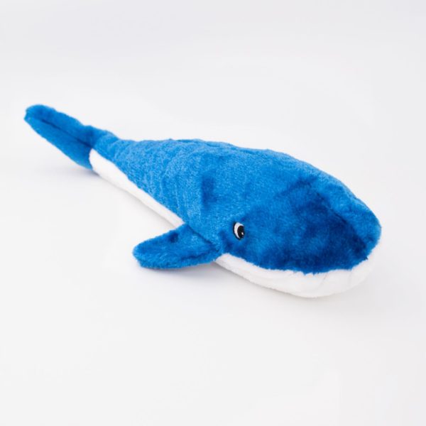 Blue plush toy resembling a whale on a white background