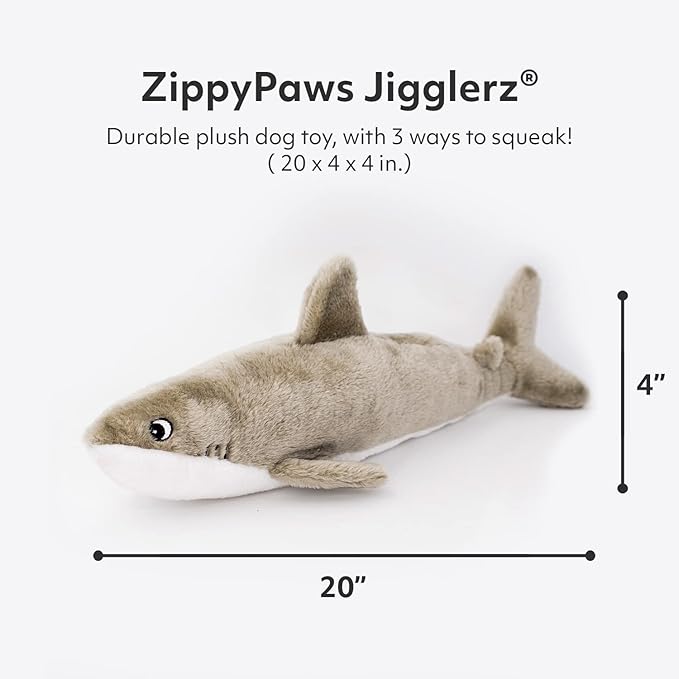 ZippyPaws Jigglerz shark-shaped plush dog toy with dimensions on a white background