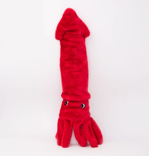 Red plush toy resembling a lobster on a white background